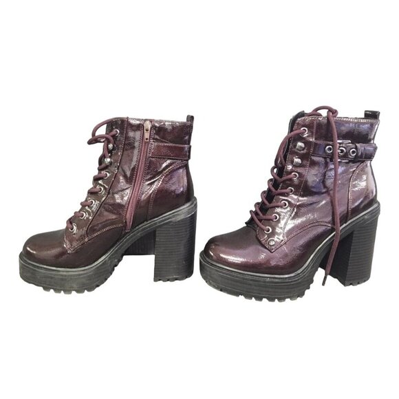 Guess GBG Sammi Chunky Platform Burgundy Patent Vegan Leather Combat Boots 7.5 - Picture 3 of 5